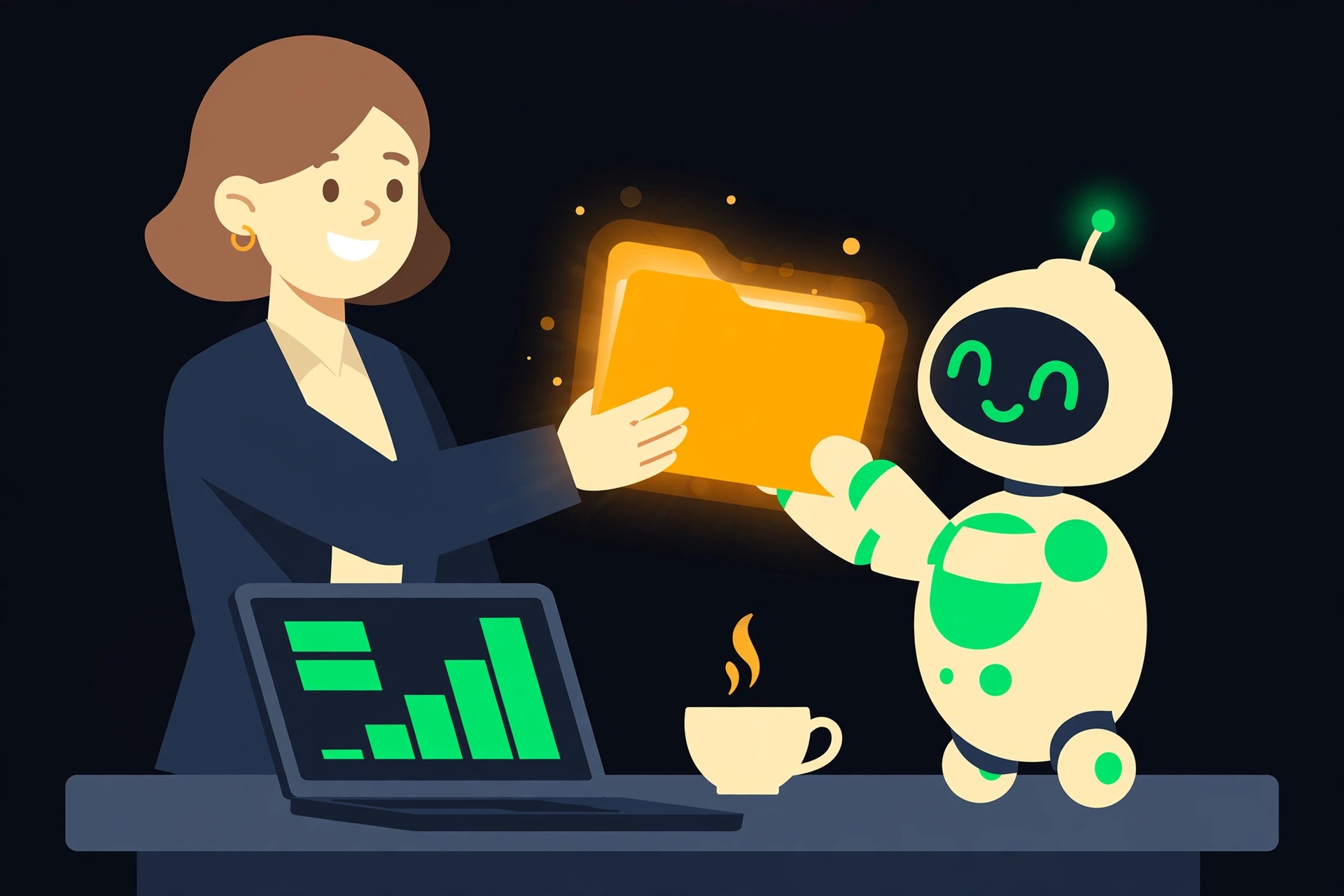 Illustration: a person handing a glowing folder to a cheerful agent
