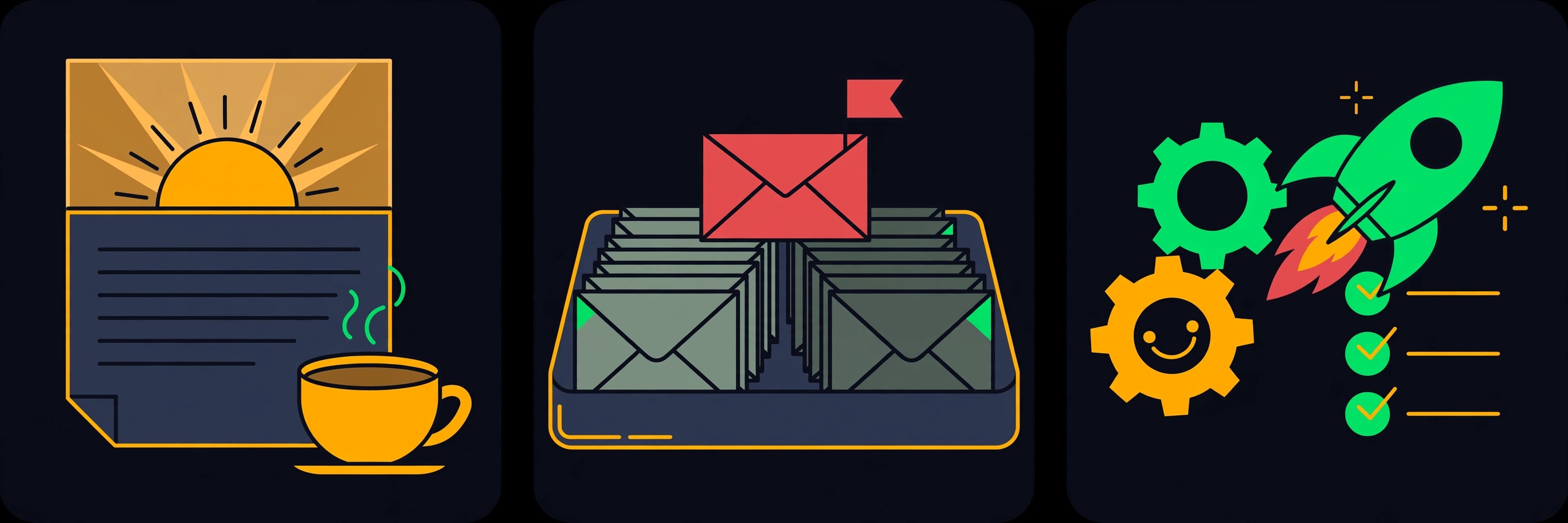 Illustration: three panels — a morning briefing at sunrise, an inbox with one flagged urgent letter, and a workflow launching